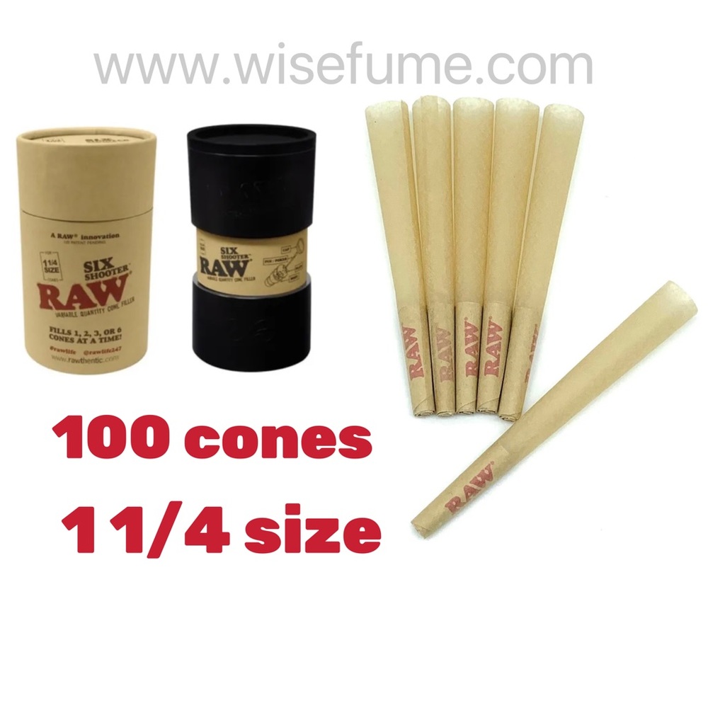 raw classic 1 1/4 size pre rolled cone(100 pack)+raw six Shooter cone filler